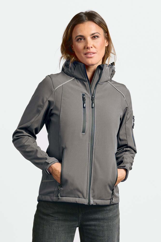 Damen Softshell Jacke, abnehmb. Kapuze, steel grey